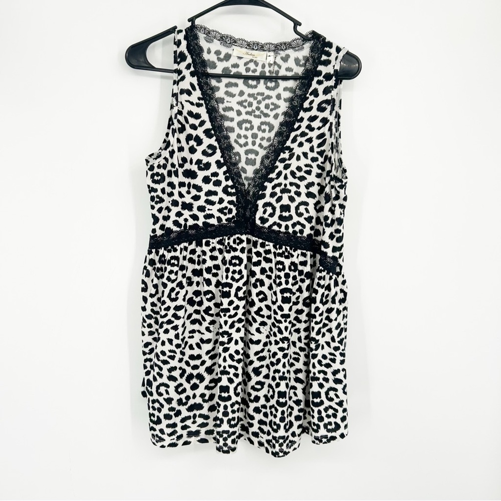 Andree by Unit Black & White Leopard Print Babydoll y2k Lace Trim Tank Size‎ L